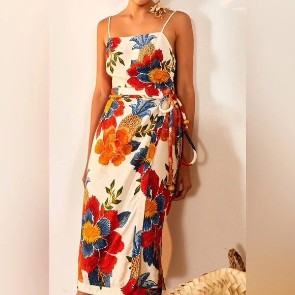 FARM Rio Pineapple Flowers Viscose Square Neck Tied Waist Colorful Midi Dress - Picture 3 of 4